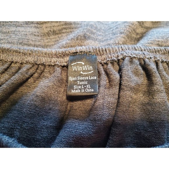 Win Win Boho Black/Gray Tunic Sweater with Crochet Lace Bell Sleeves Size L - Picture 6 of 12